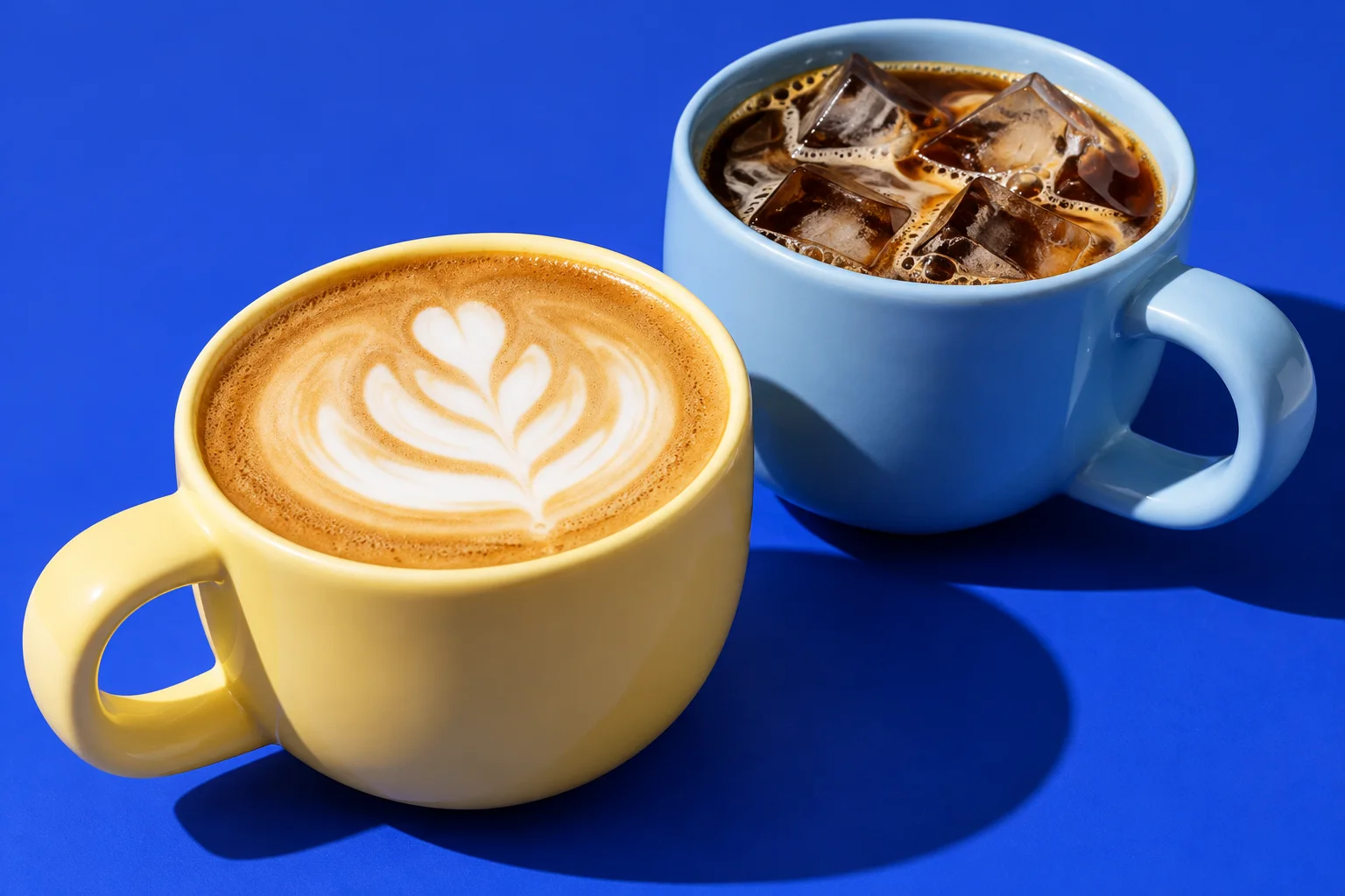 青いテーブルに、黄色いカップのカフェオレと水色のカップのアイスコーヒー