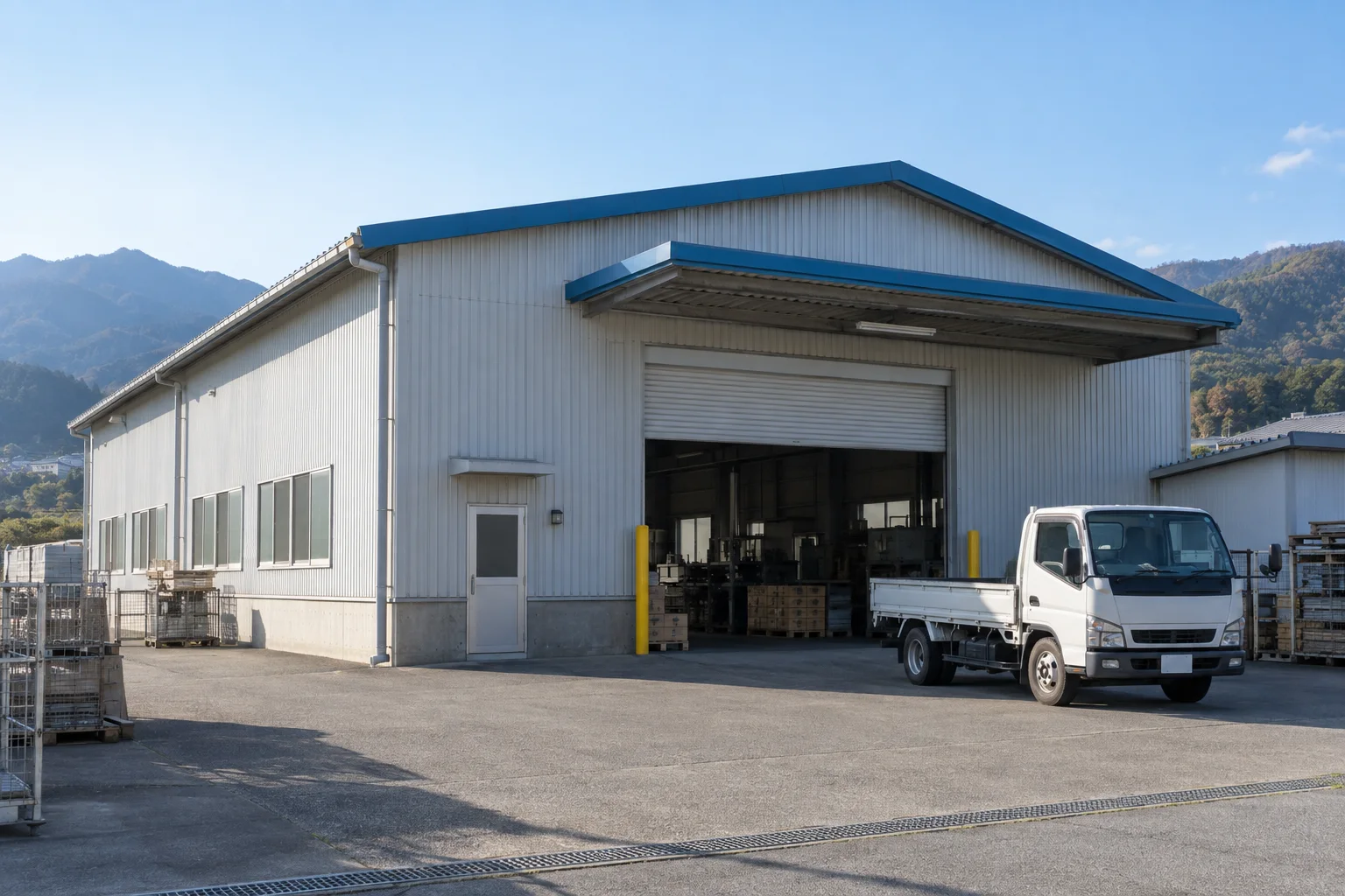 灰色の外壁と青い屋根の小さな工場