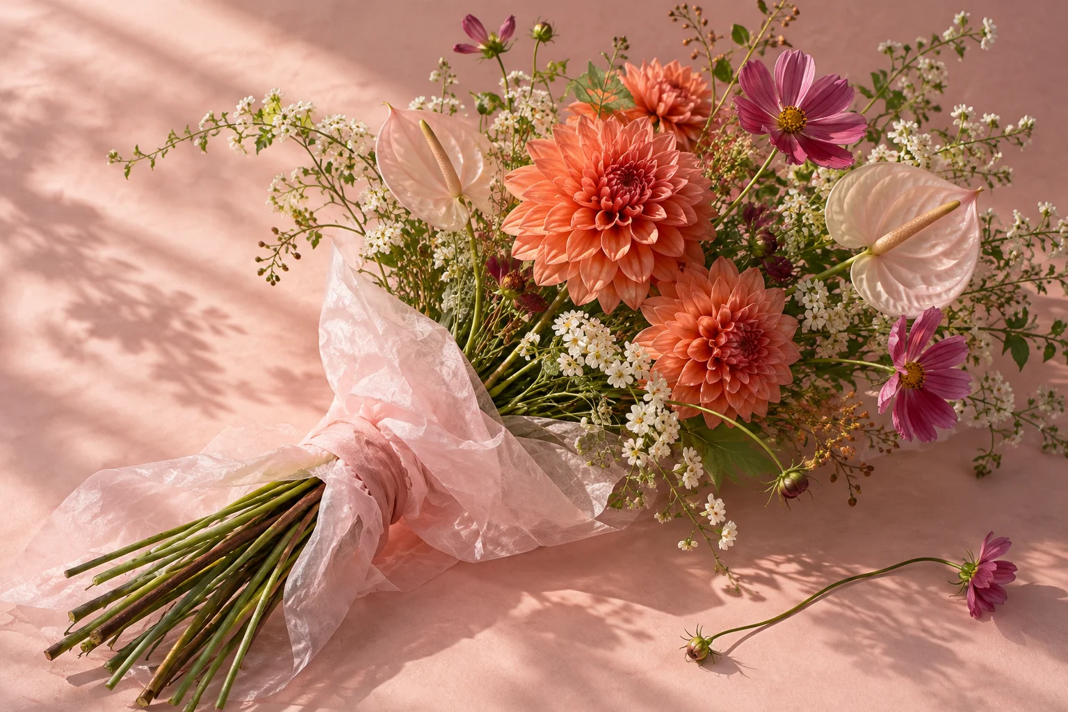 ピンクと小花の花束