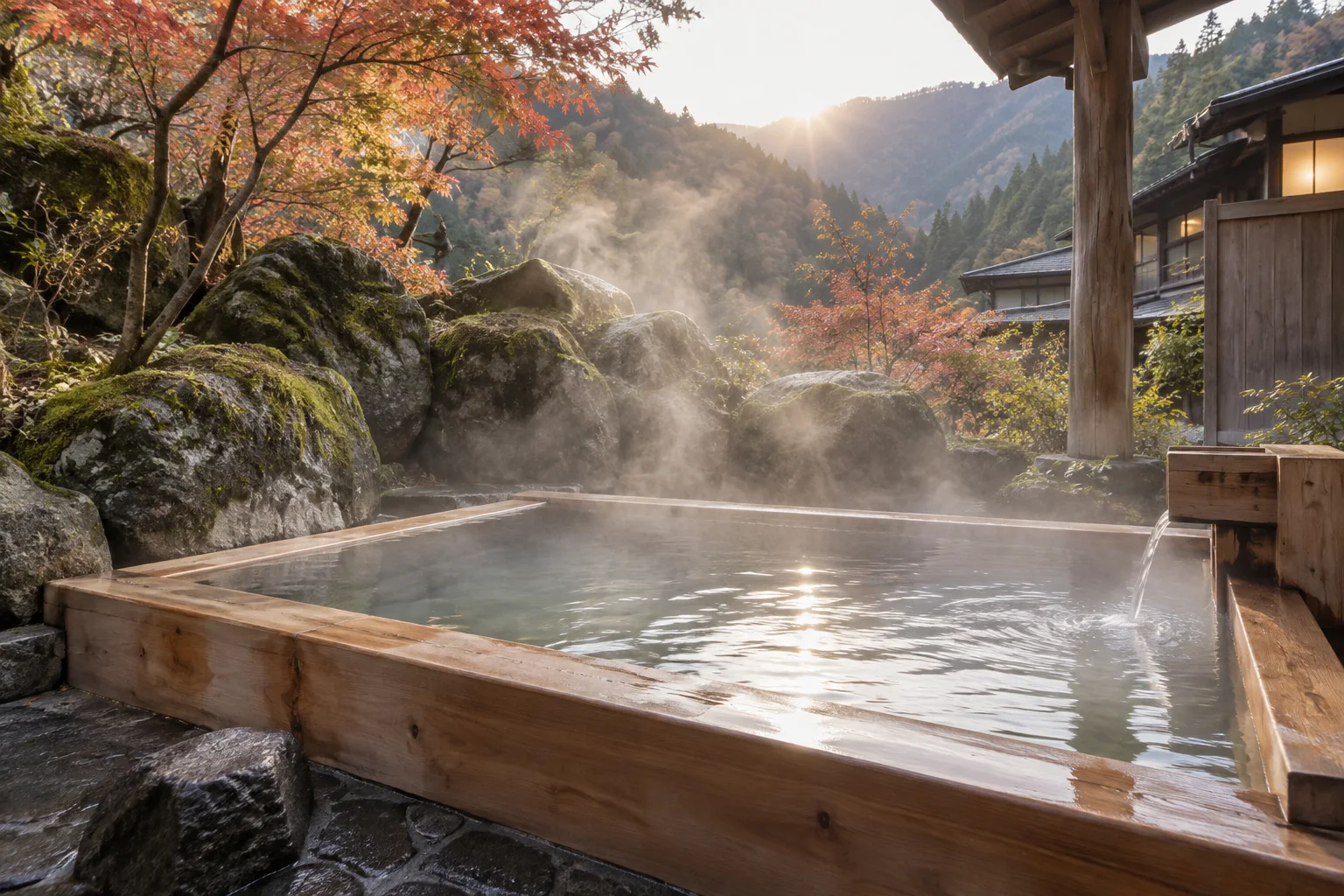 苔むした岩と紅葉に囲まれた檜の露天風呂