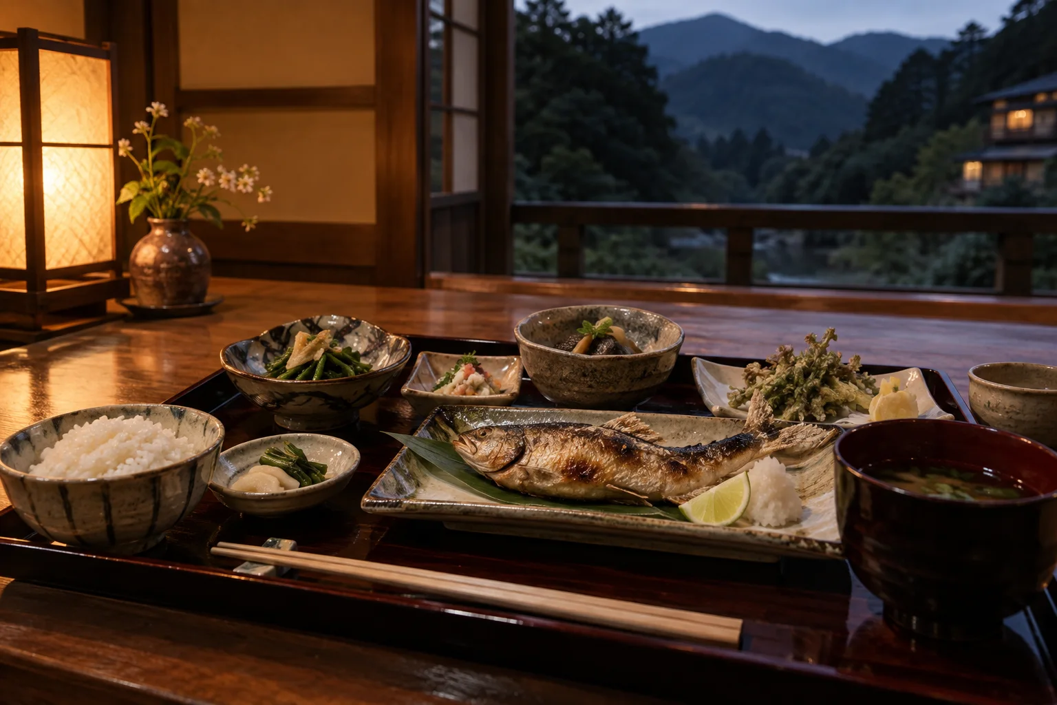 漆の盆に並んだ川魚の塩焼きと山菜の夕食
