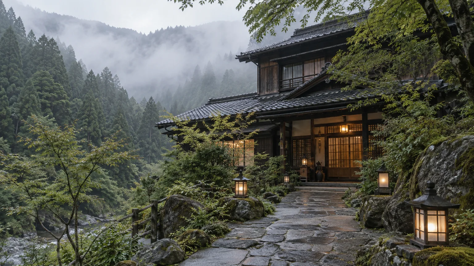 朝もやの杉林を背にした、瓦屋根の小さな宿