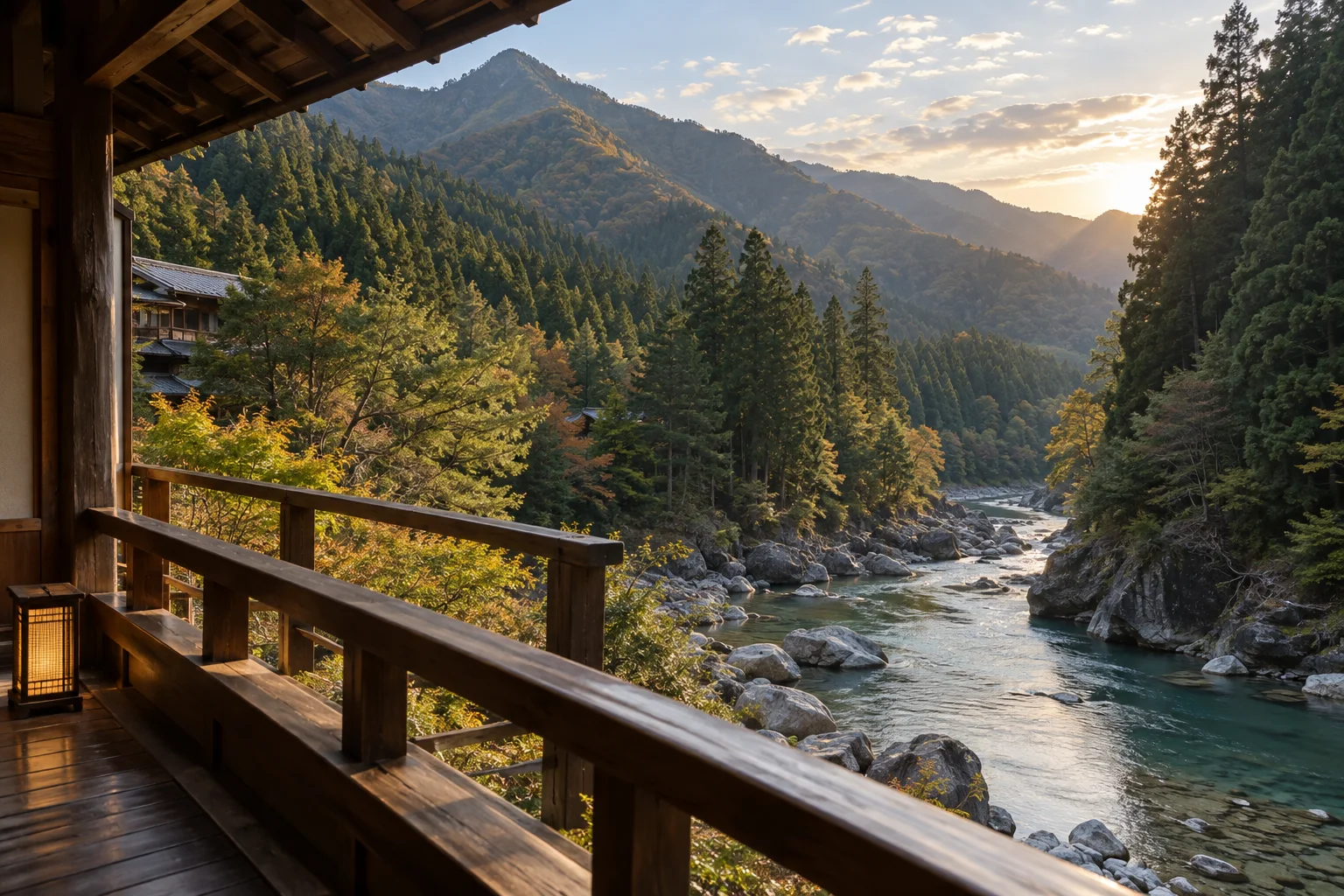 木のテラスから見下ろす川と杉林の谷