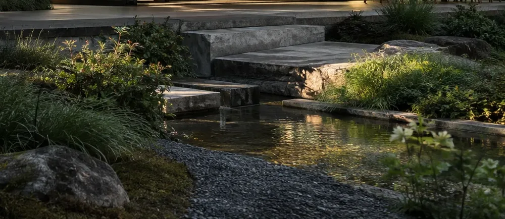 飛び石と池。水面に木々が映る庭の一角。